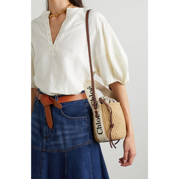 NEW CHLOE SMALL WOODY BASKET BUCKET RAFFIA STRAW SHOULDER BAG PURSE - Picture 4 of 14